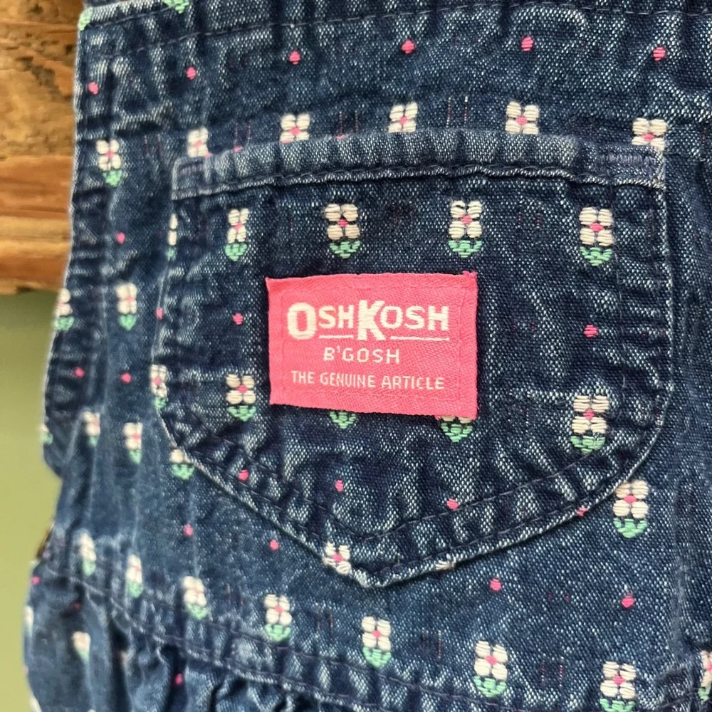 Vintage OshKosh Bgosh Girls Blue Denim Floral Embroidered Overall Dress Size 5